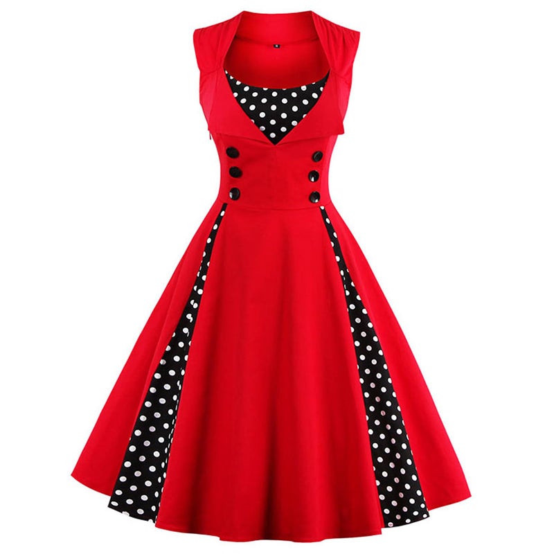 KILLREAL Women's Casual Cocktail Vintage Style Polka Dot Print Rockabilly Dress for Christmas Holiday Red Small - Image 1